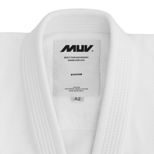 MUV Engine Gi white BJJ kimono front view close up