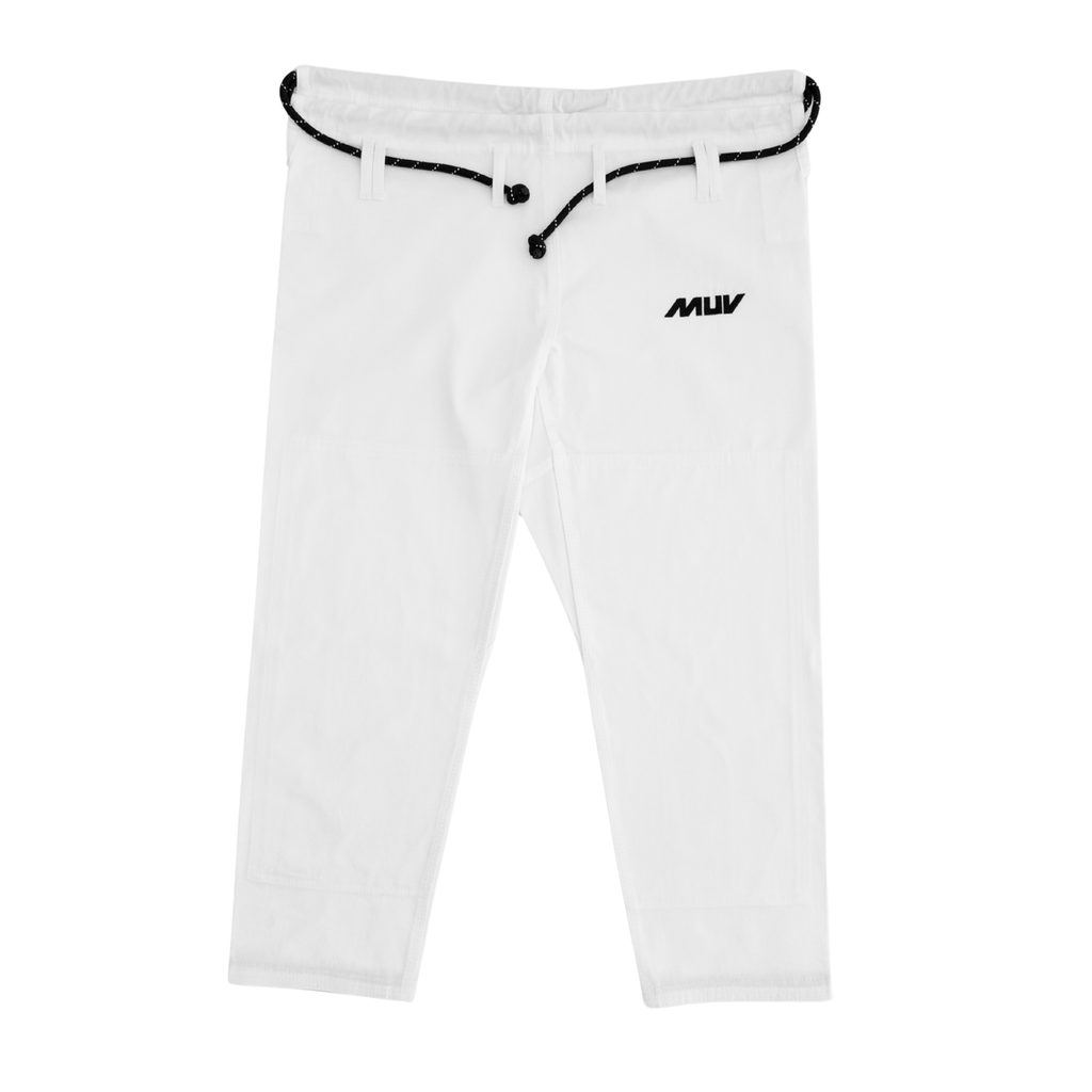 MUV Engine Gi white BJJ trousers front view with black drawstring