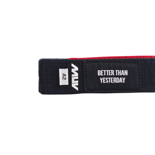 MUV Relic Belt black hemp BJJ belt with "Better Than Yesterday" label and red rank sleeve