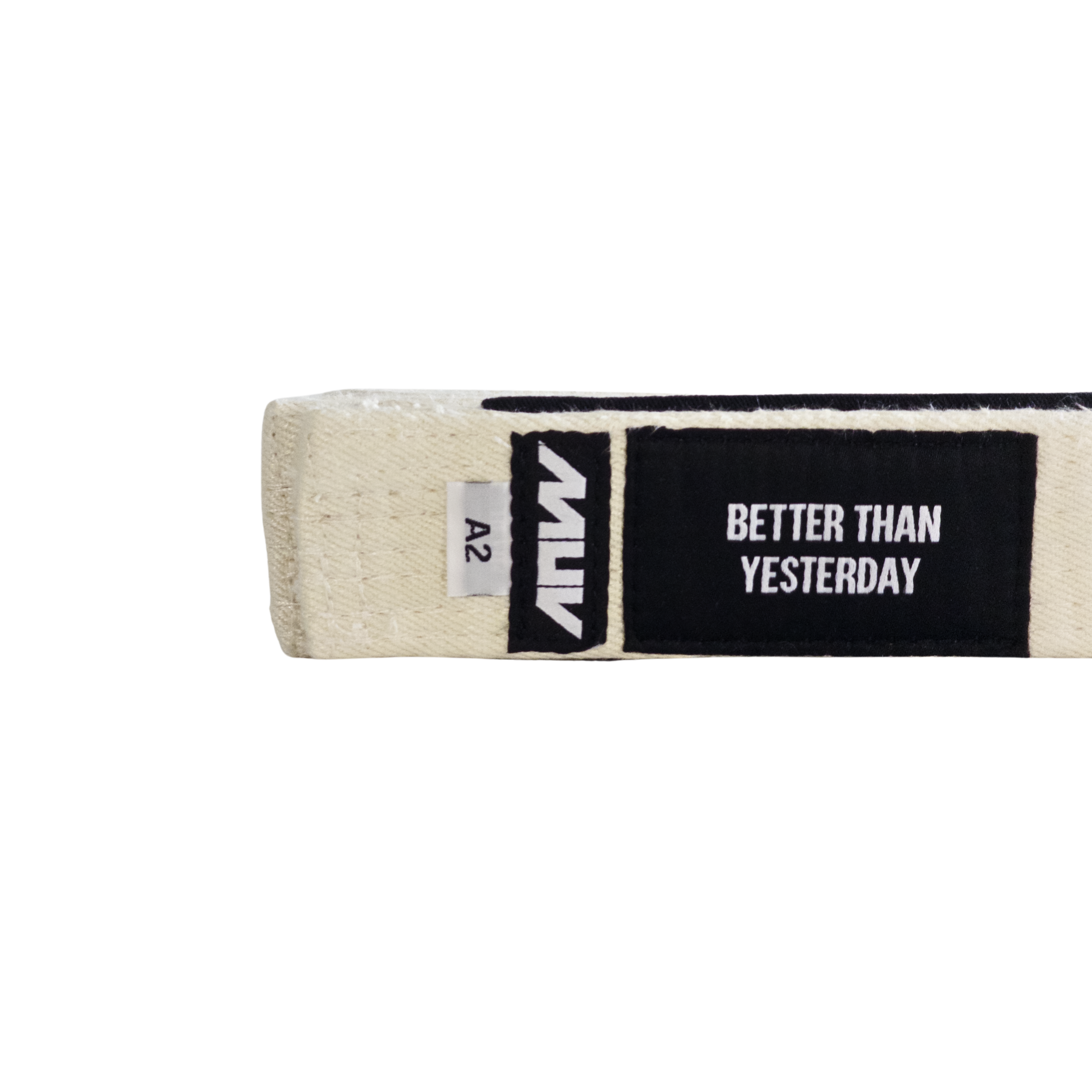 MUV Relic White purple hemp BJJ belt with "Better Than Yesterday" label and black rank sleeve